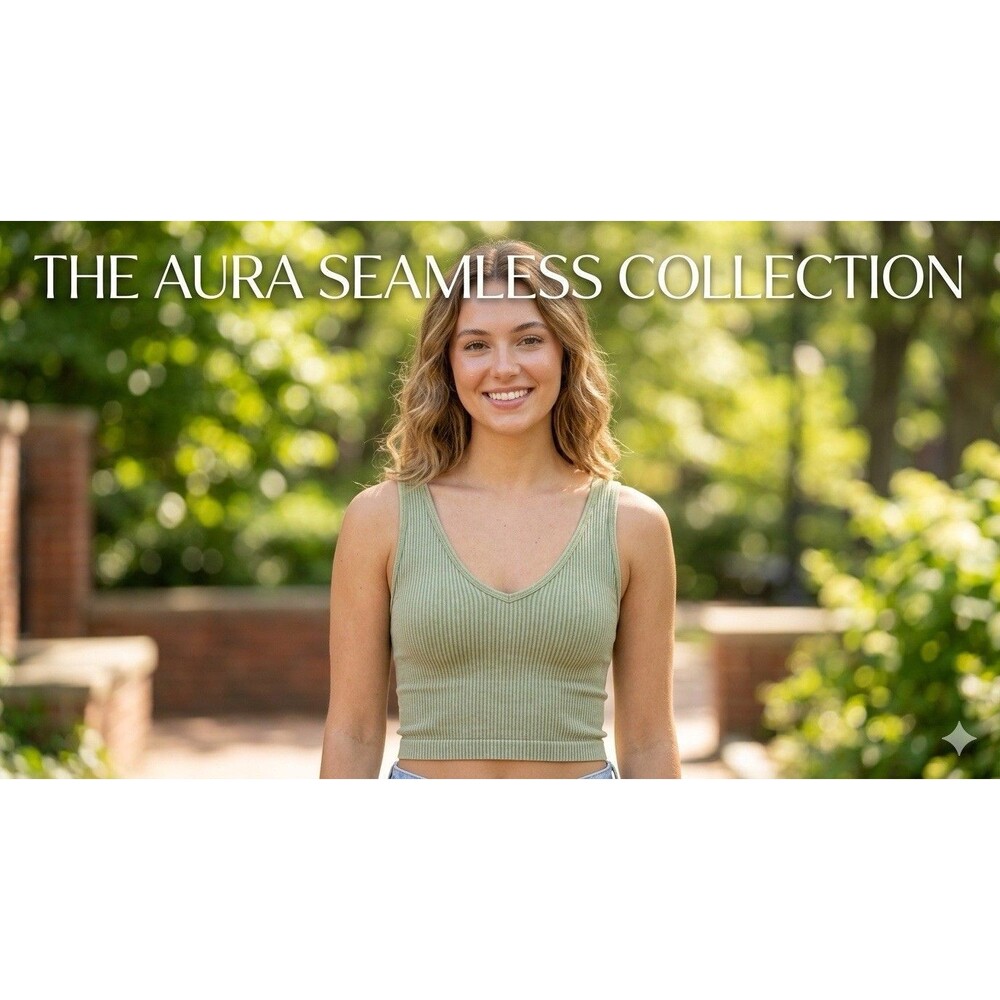 Aura Sage Green Ribbed V-Neck Tank Top Crop Cami Seamless Stretch Women’s S/M
